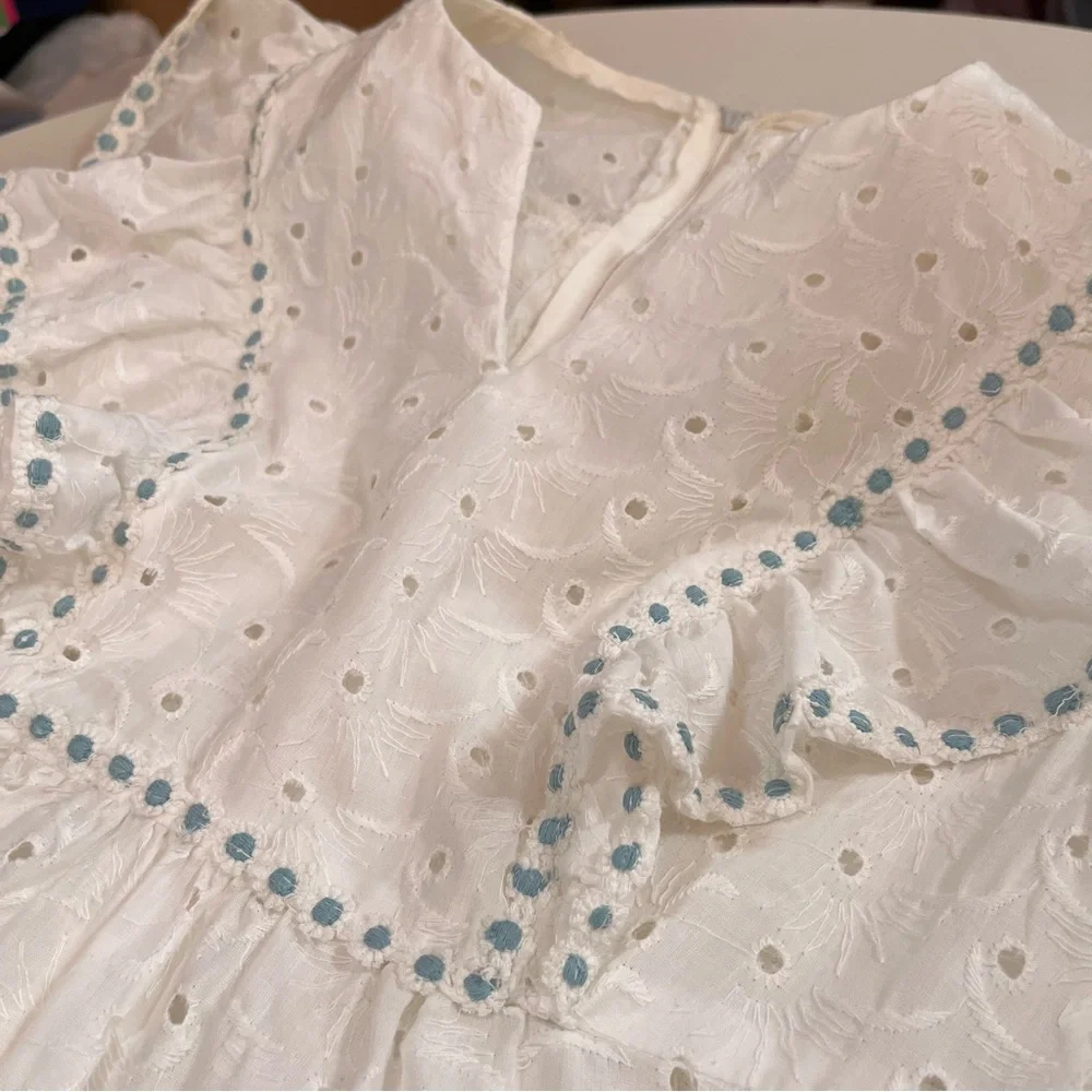 Vintage 60 70 Cottagecore White Eyelet Lace Ruffle Sleeve Praire Maxi Dress - Picture 6 of 17